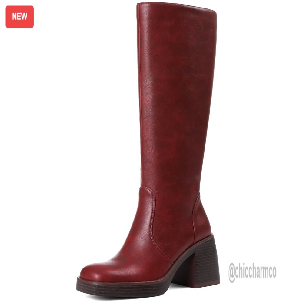 Knee High Platform Boots Faux Leather Square Toe Heeled Side Zipper
